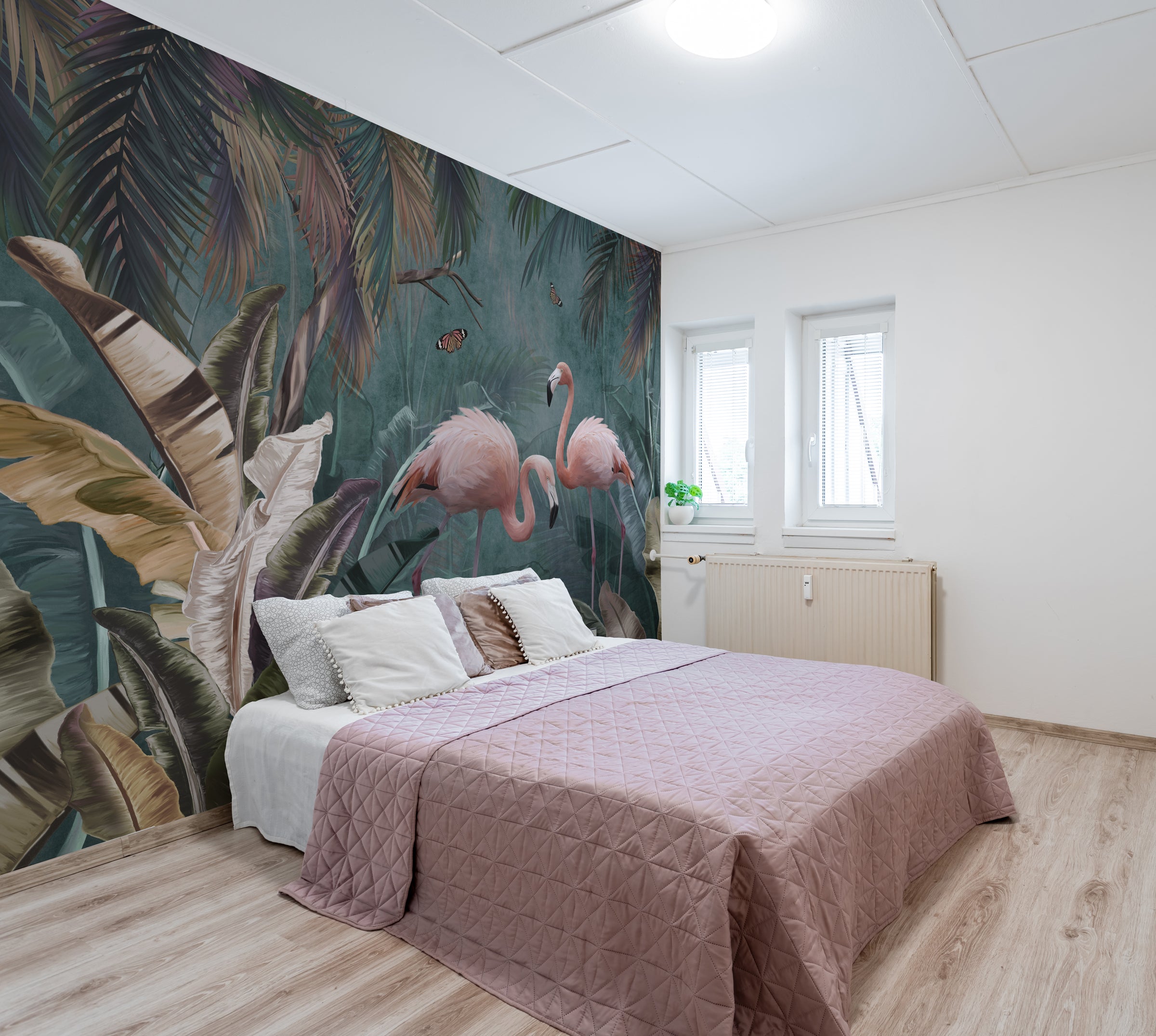 Pink Flamingo Tropical Peel and Stick Wallpaper | Teal Green Jungle Wallpaper