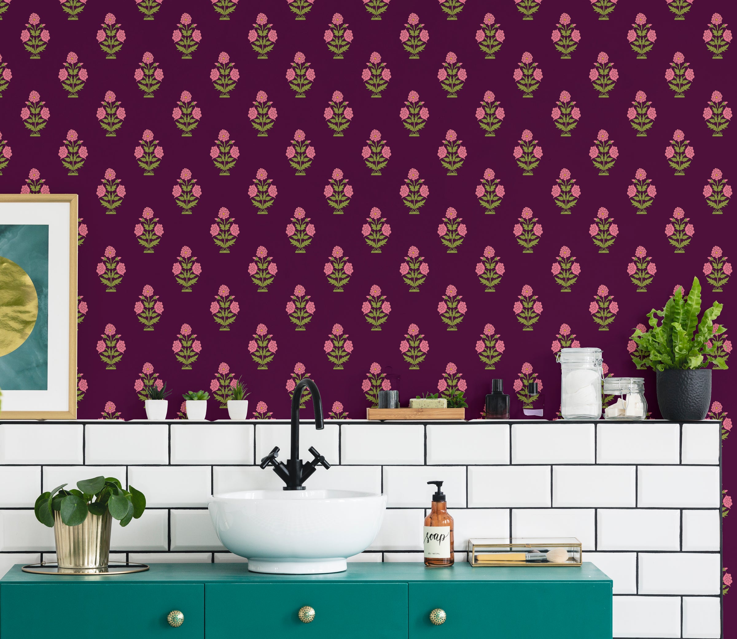 Kitchen interior enhanced with elegant botanical floral pattern wall mural creating texture depth and artistic character.