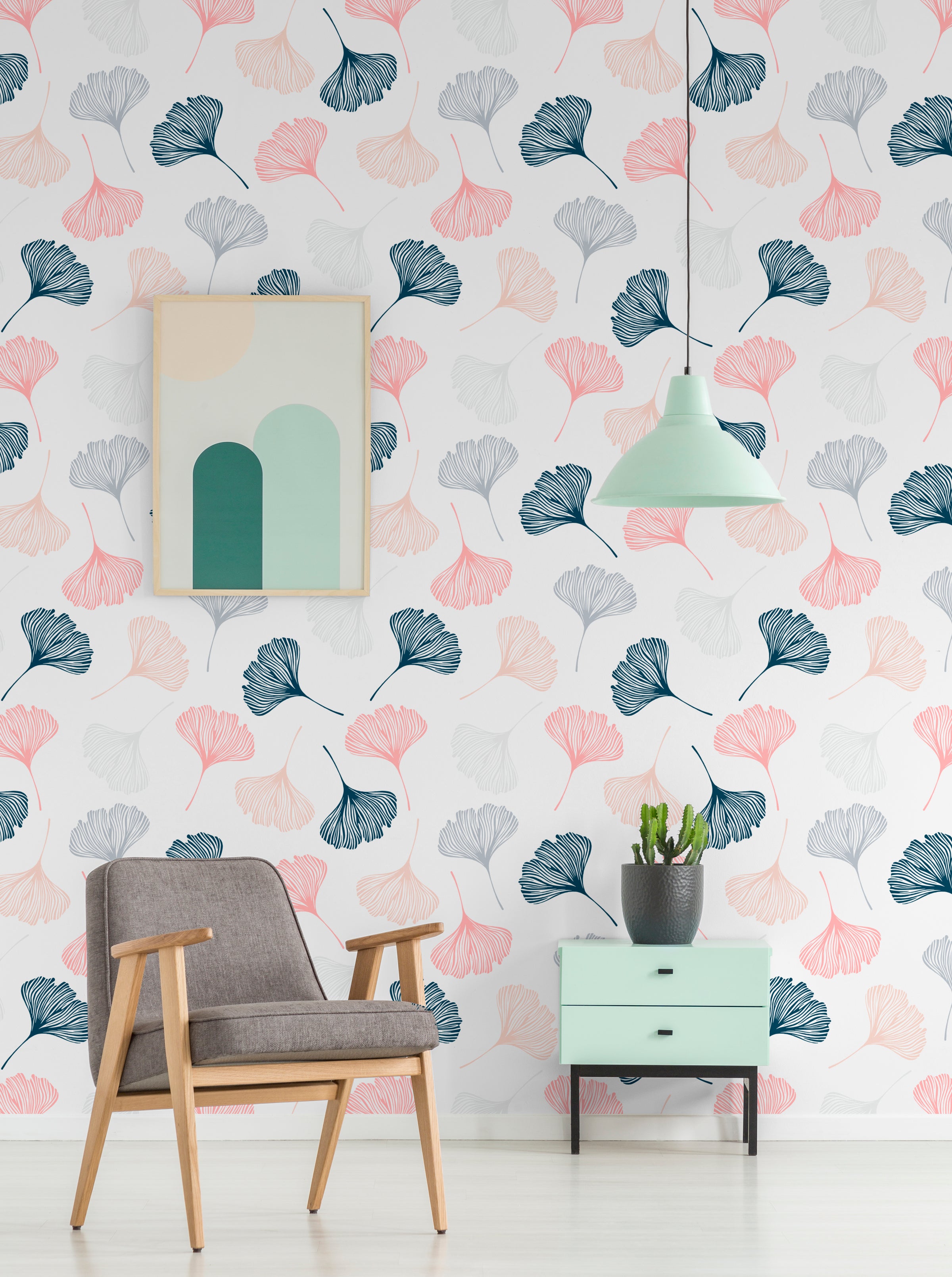 Modern botanical foliage pattern wallpaper for bright reading corner decoration