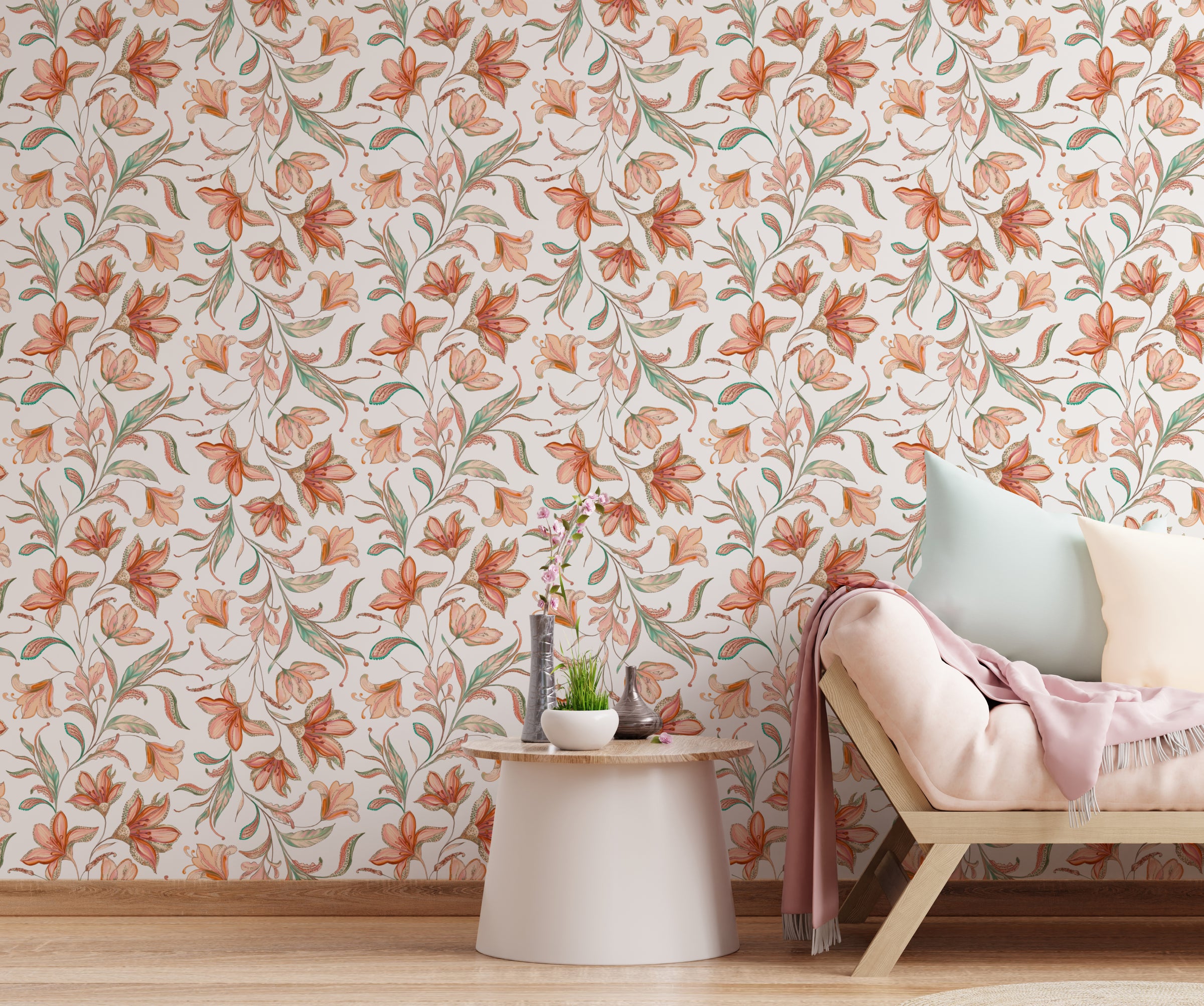 Floral Peel and Stick Wallpaper | Orange Botanical Watercolor Wallpaper