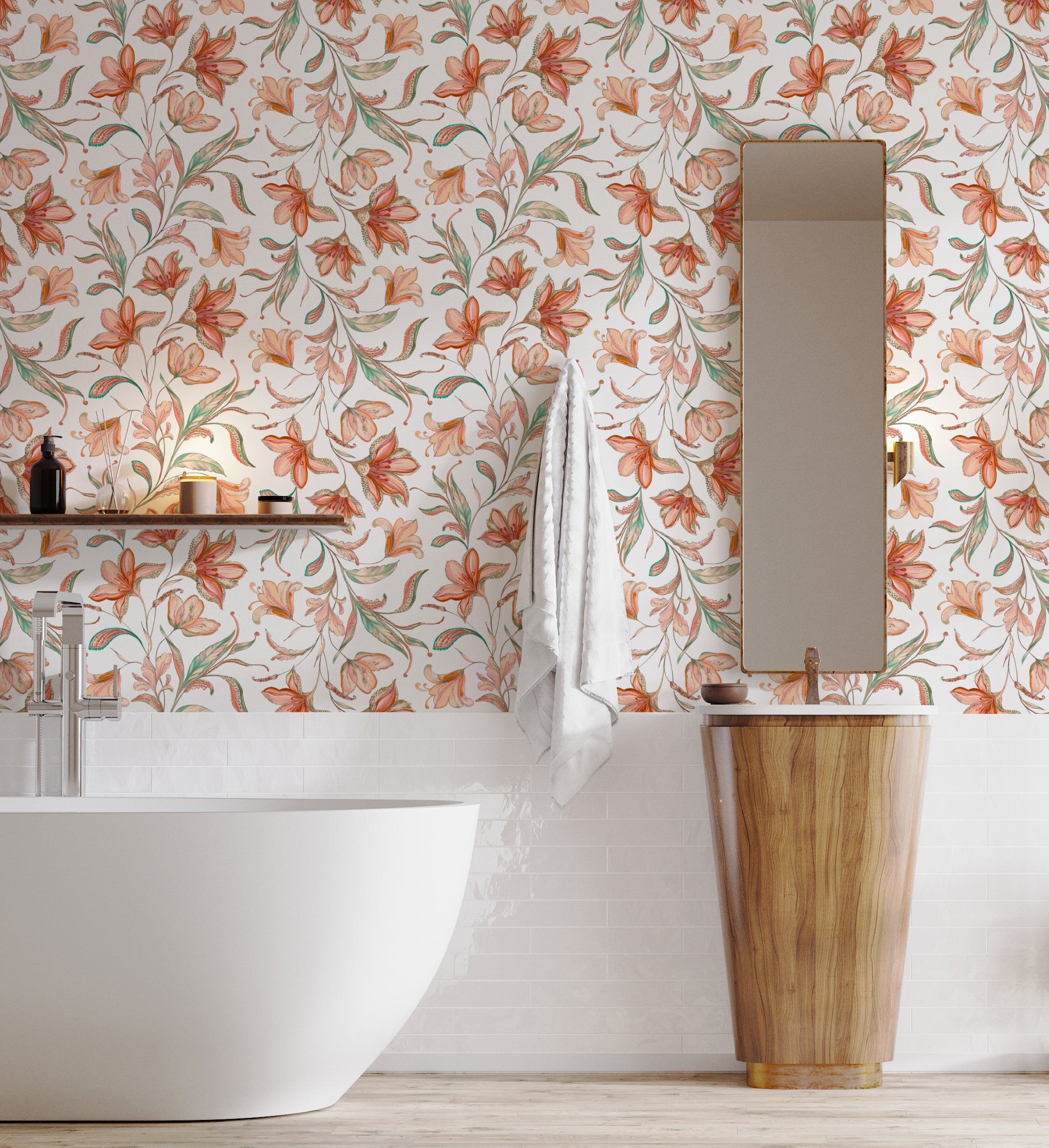 Floral Peel and Stick Wallpaper | Orange Botanical Watercolor Wallpaper