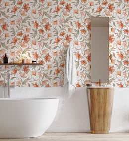 Floral Peel and Stick Wallpaper | Orange Botanical Watercolor Wallpaper
