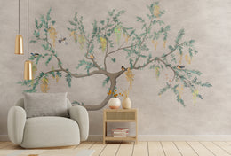 Flowering Tree Birds Japandi Wallpaper | Beige Peel-and-Stick Nature Mural