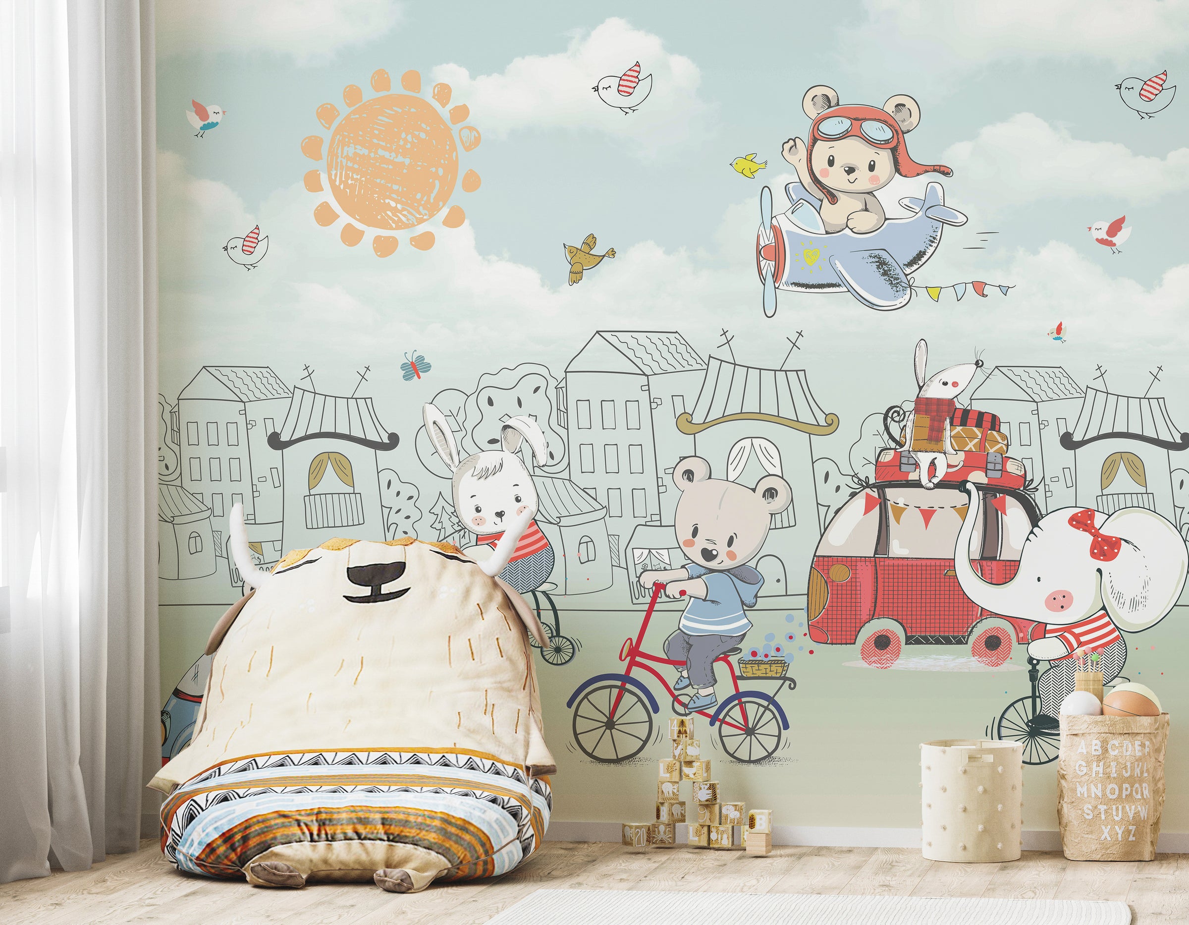 Playful teddy bear adventure wallpaper featuring airplane, bus, bicycle, birds, and bright sun for daycare walls.