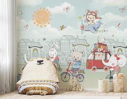Playful teddy bear adventure wallpaper featuring airplane, bus, bicycle, birds, and bright sun for daycare walls.