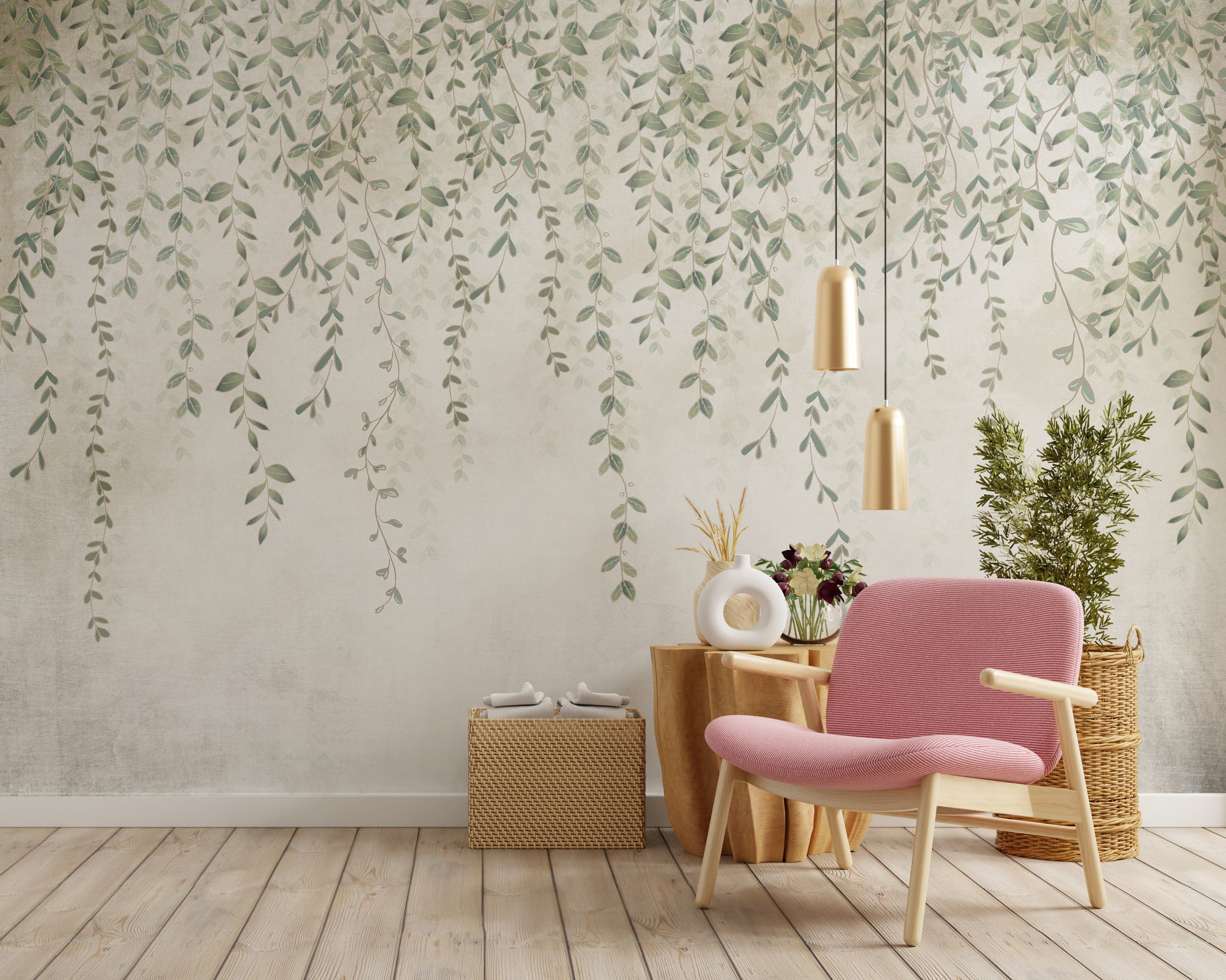 Foggy Hanging Leaves Wallpaper Murals