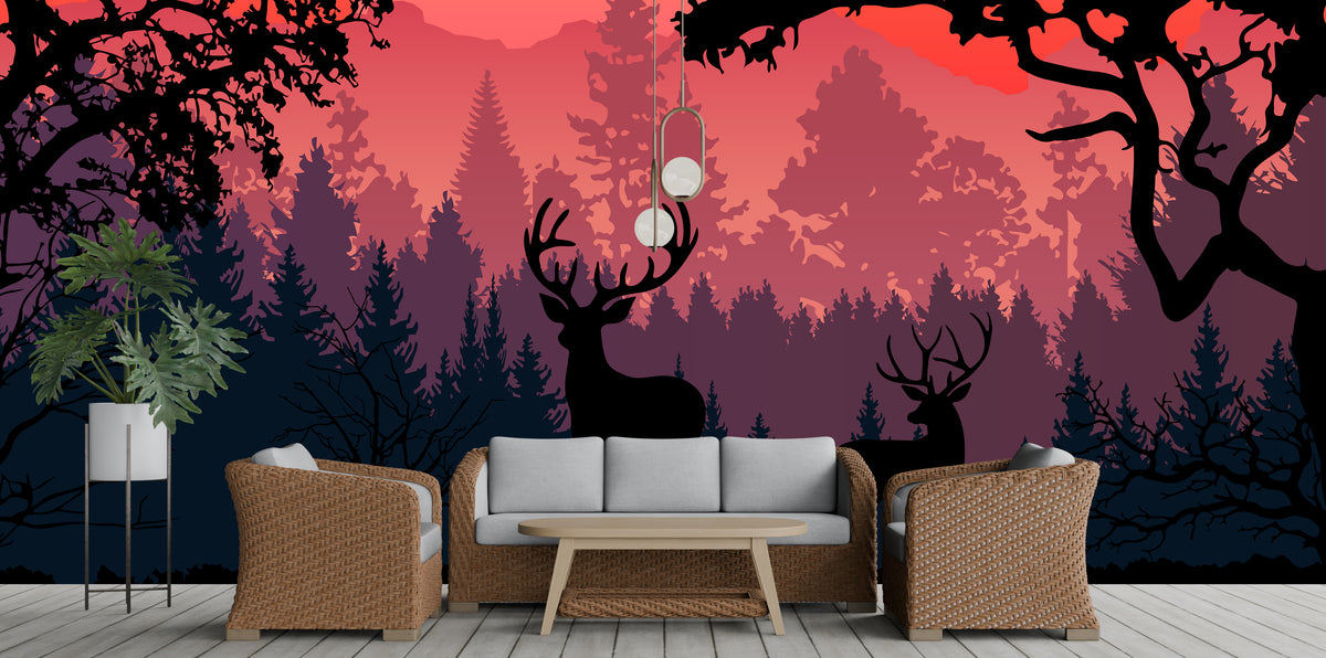 Silhouettes Sunset Forest Deer Wall Mural Nature Peel and Stick Wallpaper