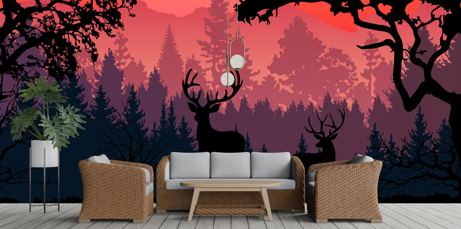 Silhouettes Sunset Forest Deer Wall Mural Nature Peel and Stick Wallpaper