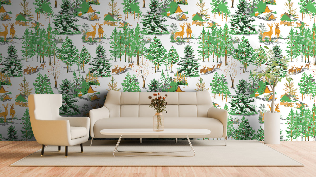 Forest Deer Wildlife Self-Adhesive Home Decor Green Toil Wallpaper for Wall