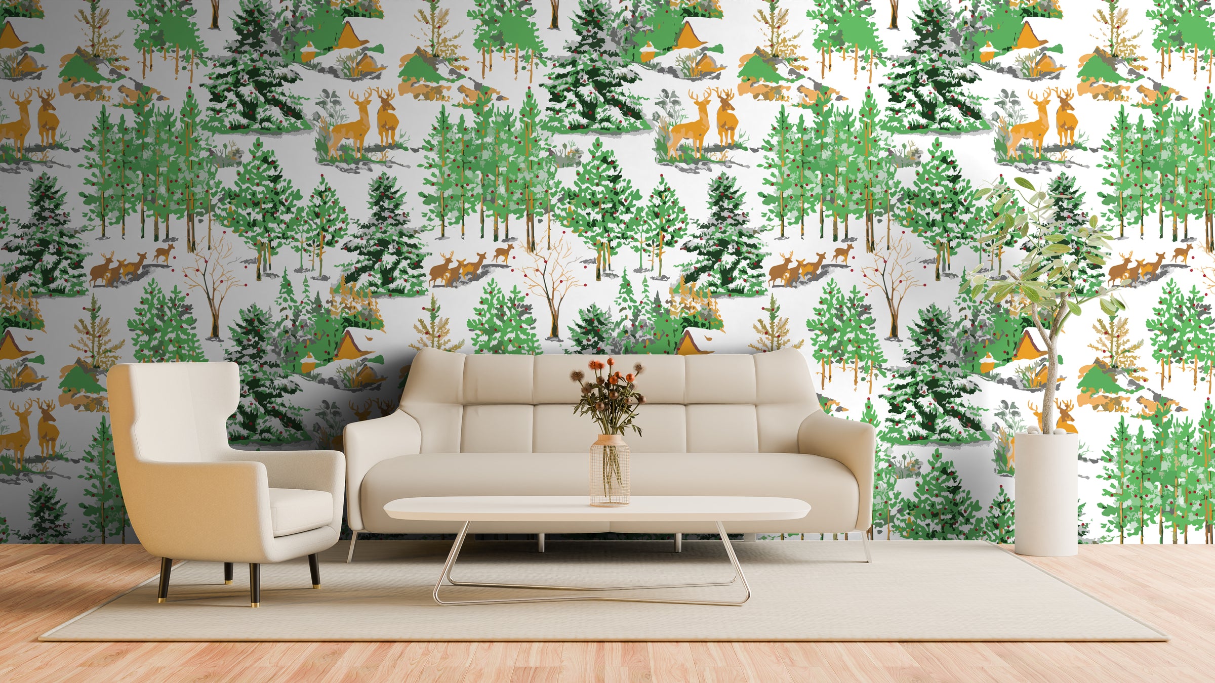 Deer forest wallpaper mural in green tones, modern bedroom statement wall decor