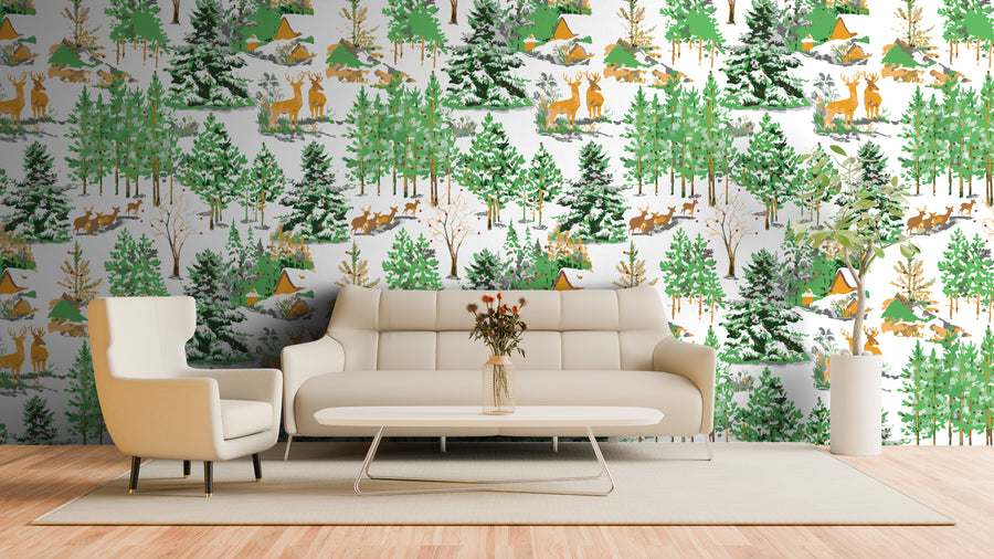 Forest Deer Wildlife Self-Adhesive Home Decor Green Toil Wallpaper for Wall