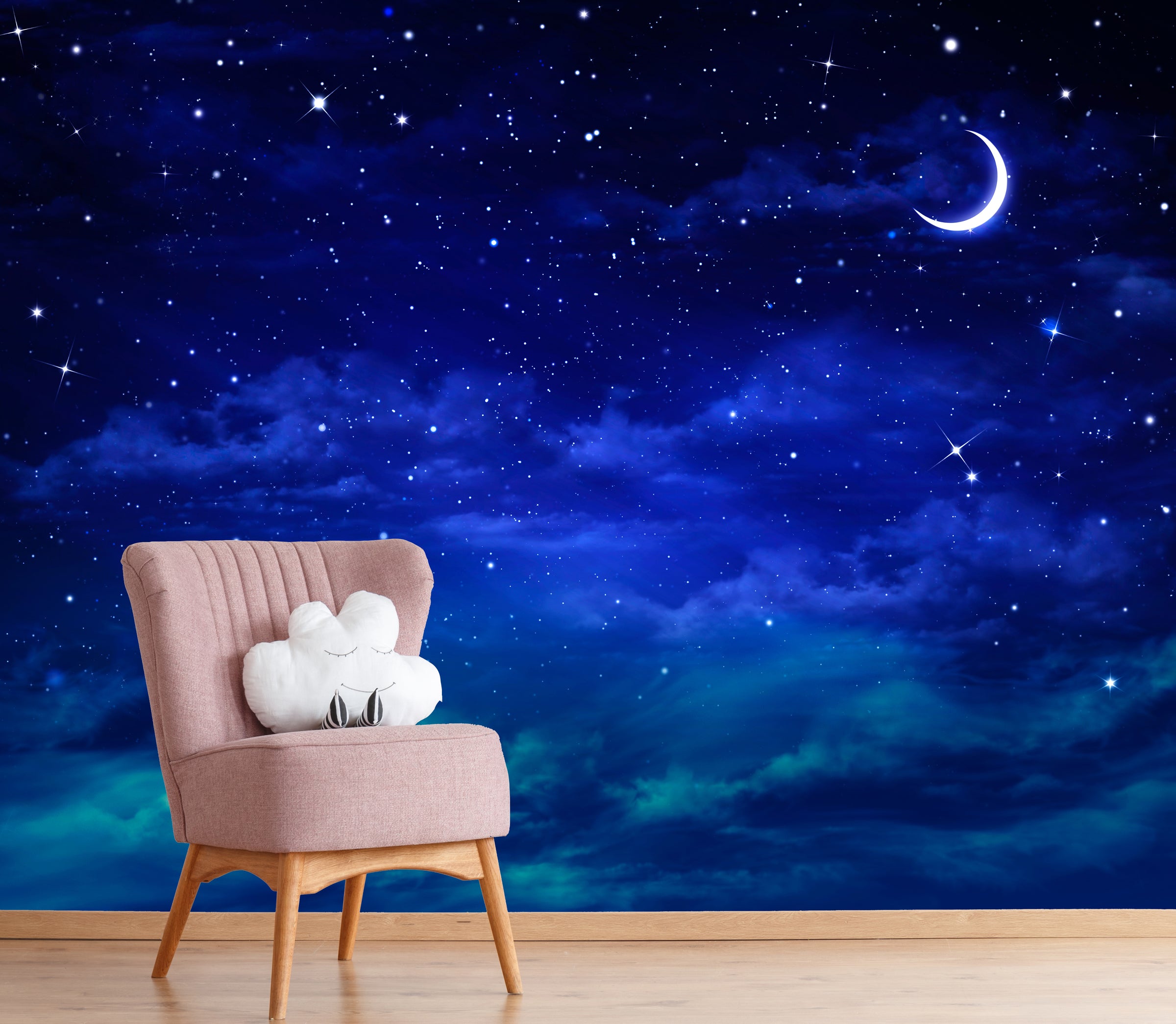 Twinkling stars wallpaper mural installed on baby nursery accent wall building calm nighttime environment