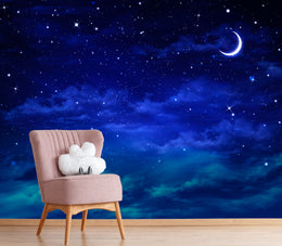 Twinkling stars wallpaper mural installed on baby nursery accent wall building calm nighttime environment