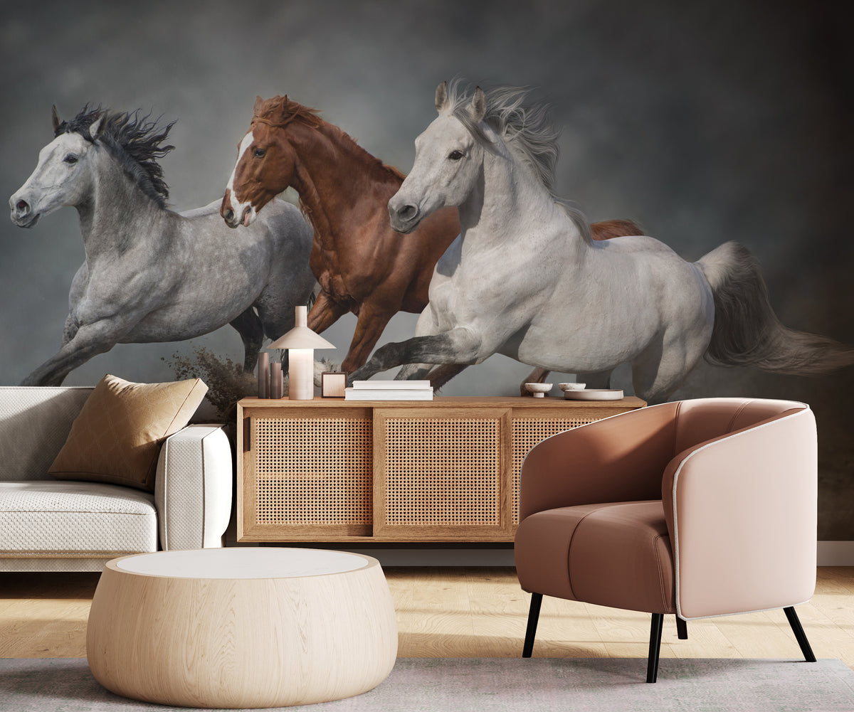 Running Horses Removable Wall Mural Gray Western Living Room Wallpaper