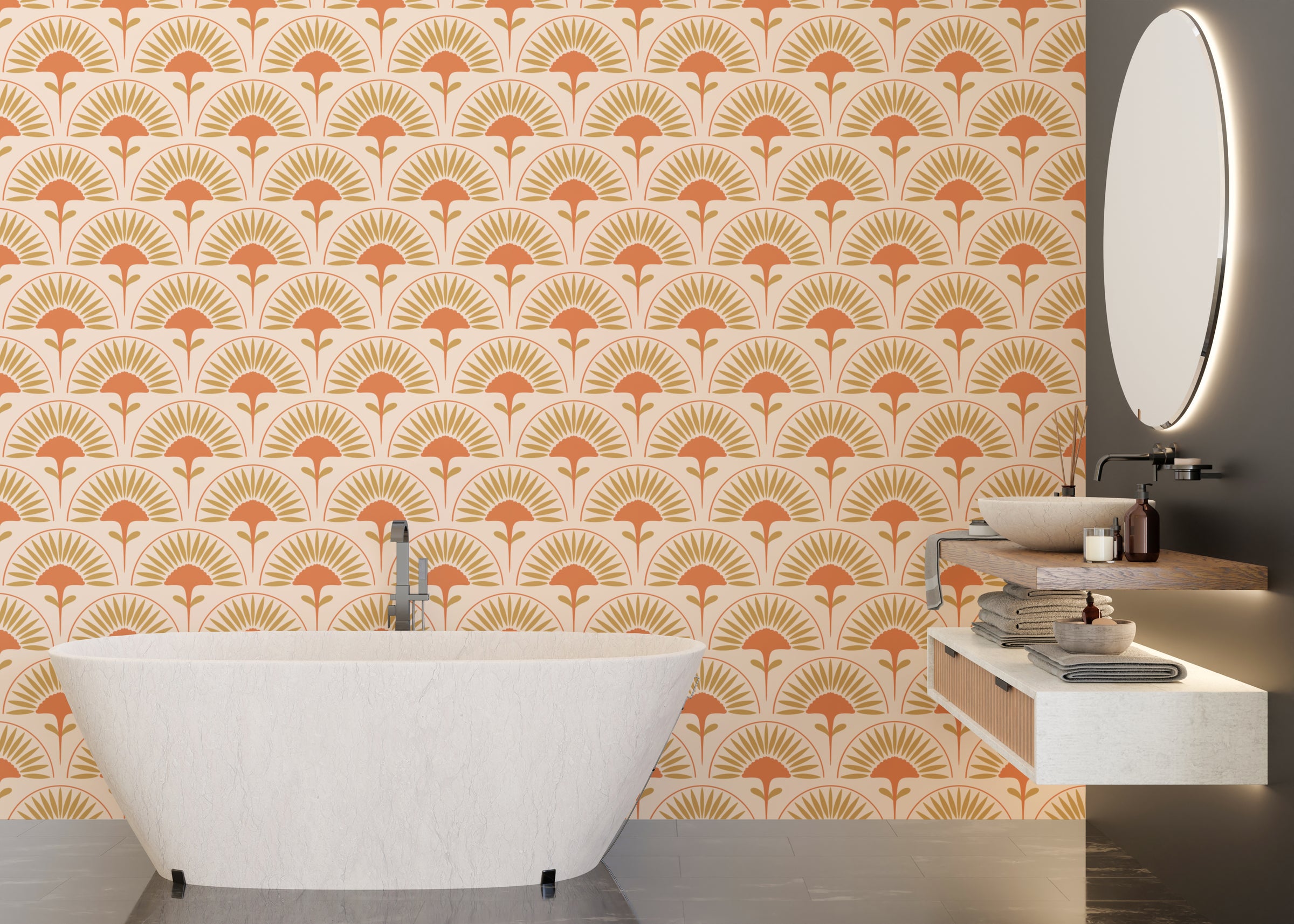 Mid century fan pattern removable wall décor for spa style bathroom interior