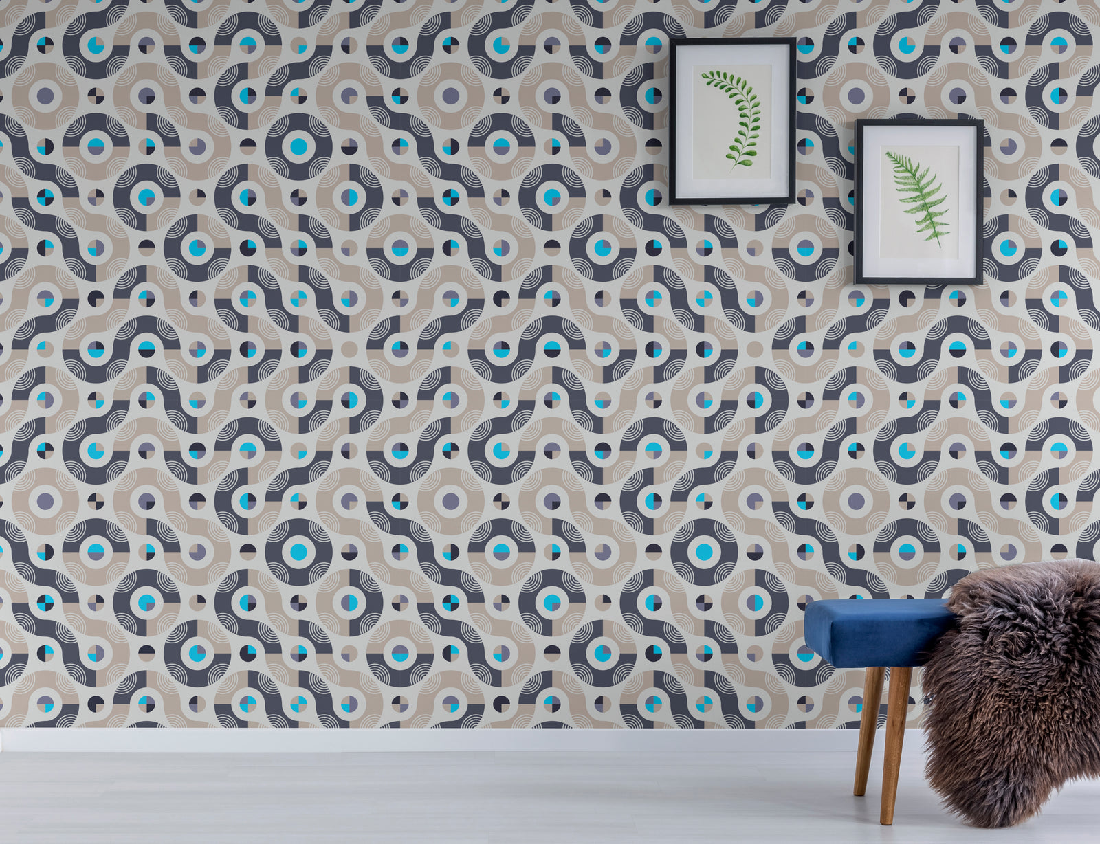 Retro Geometric Wallpaper | Navy Beige Abstract Removable Living Room Decor