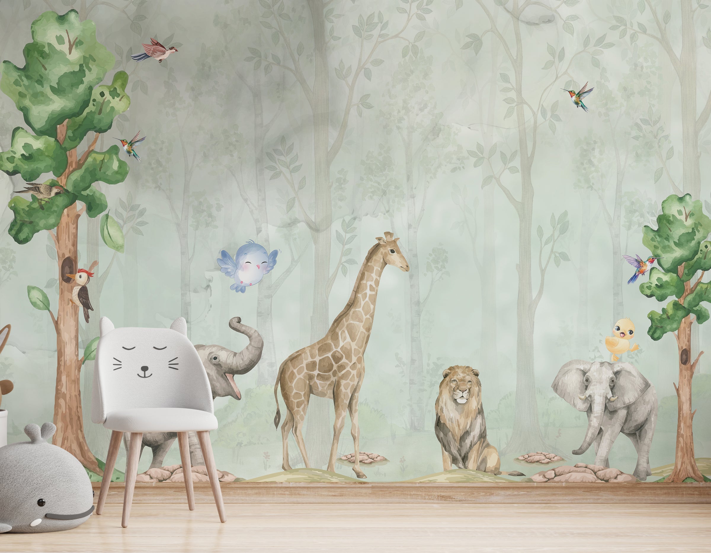 Watercolor Safari Animal Wall Mural | Green Jungle Peel and Stick Wallpaper