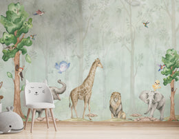 Watercolor Safari Animal Wall Mural | Green Jungle Peel and Stick Wallpaper