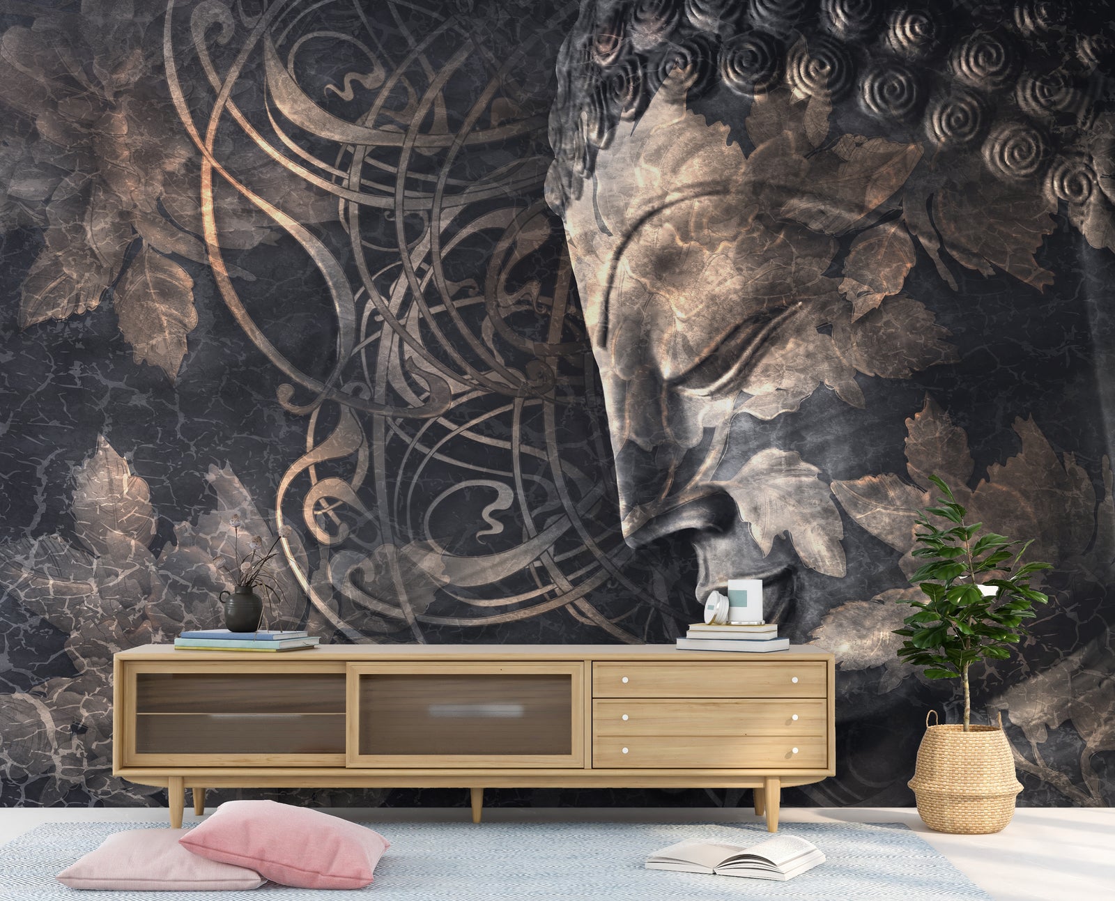 Luxury zen meditation wallpaper mural in black gold tones for elegant family room decor