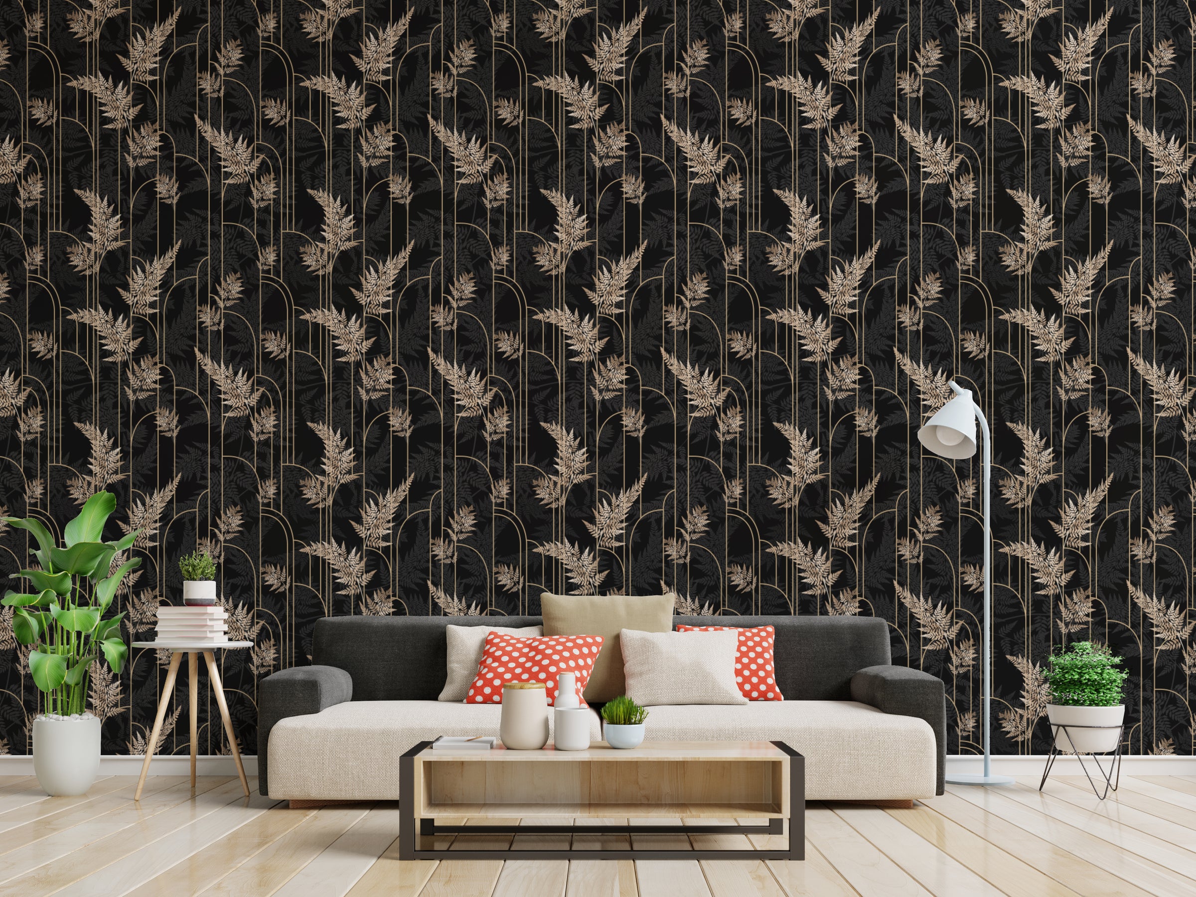 Art Deco Golden Fern Leaves Removable Wallpaper