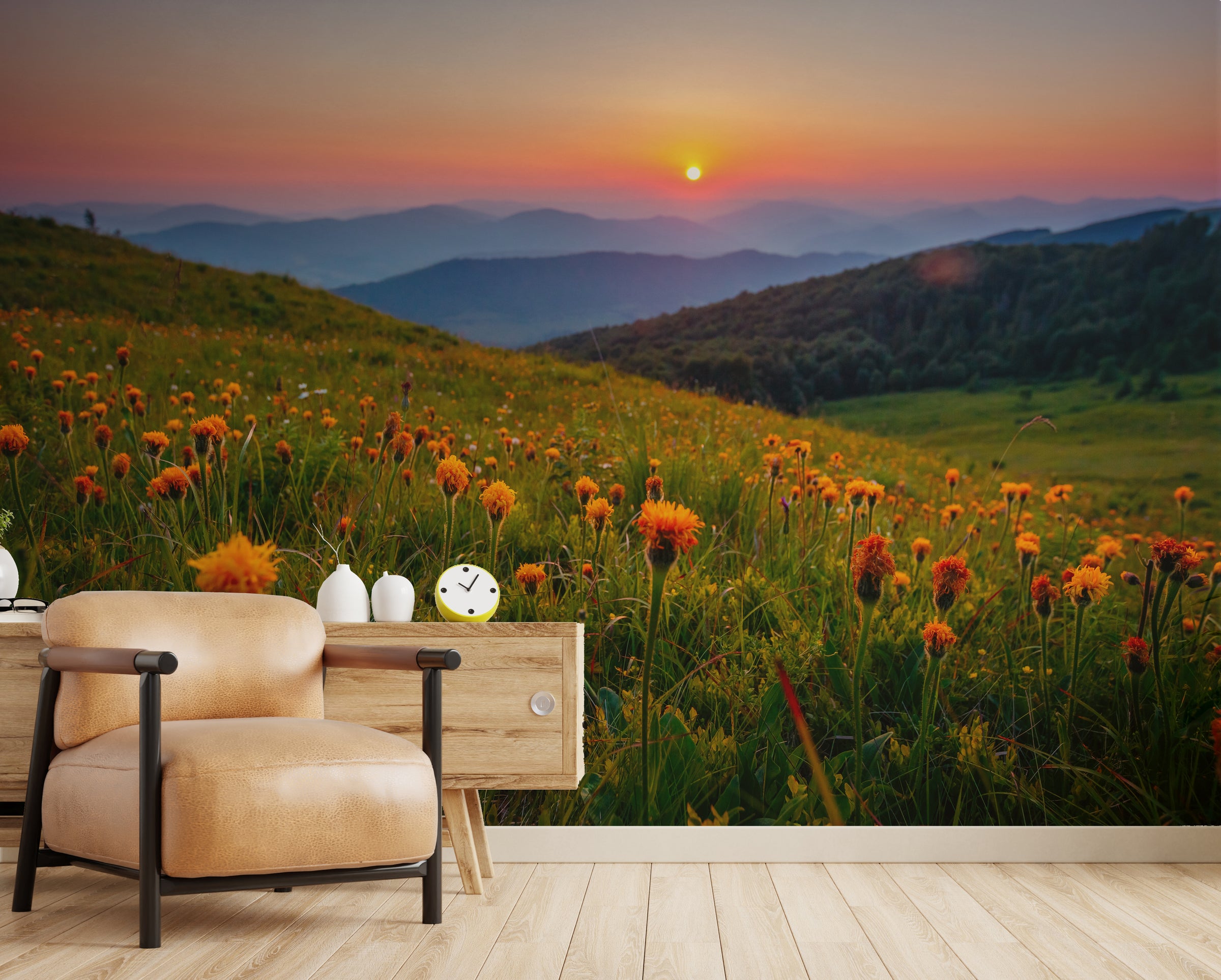 Golden Hour Meadow Nature Peel and Stick Wallpaper