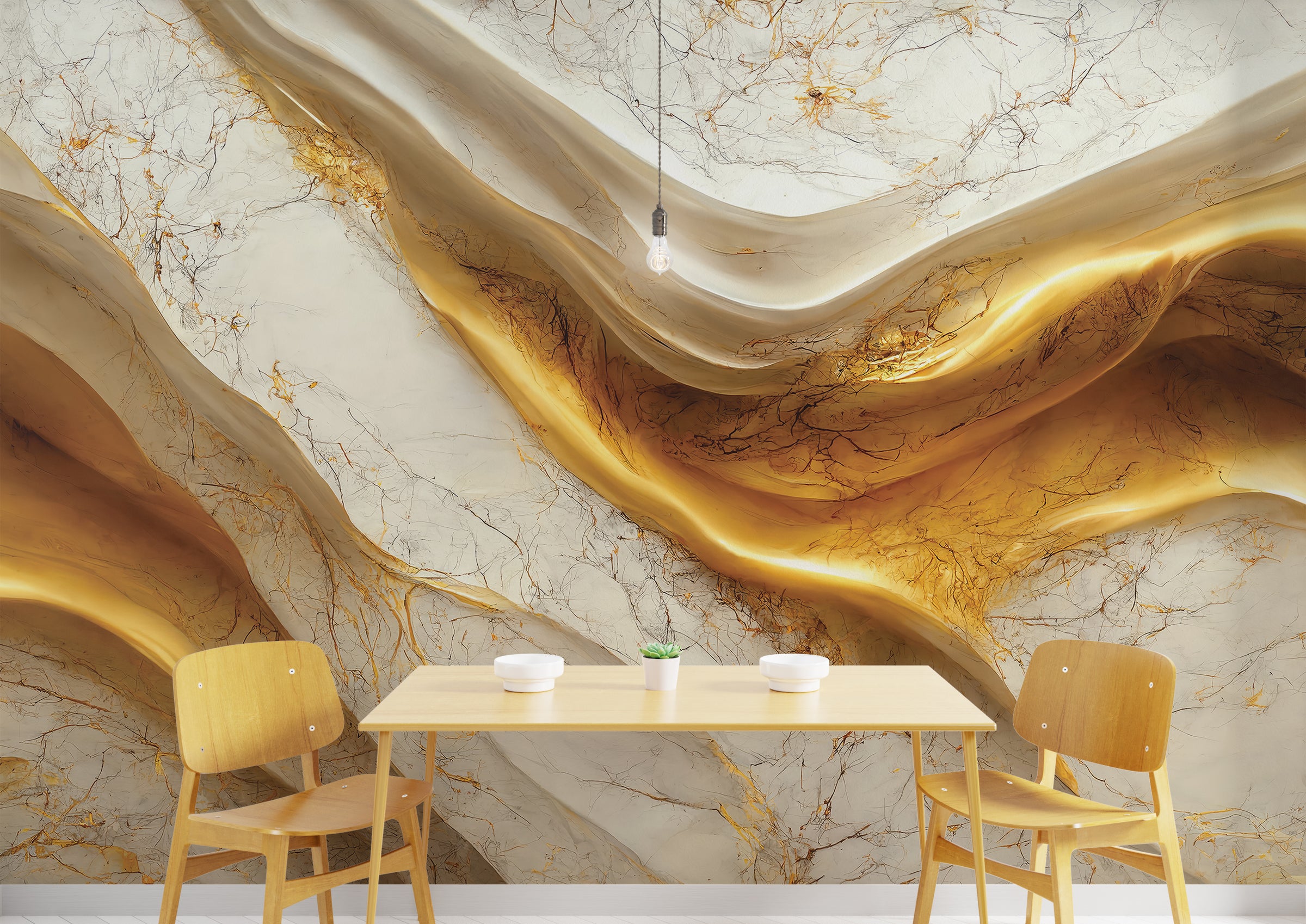 Luxury gold marble wallpaper with flowing veins, elegant dining room accent wall decor