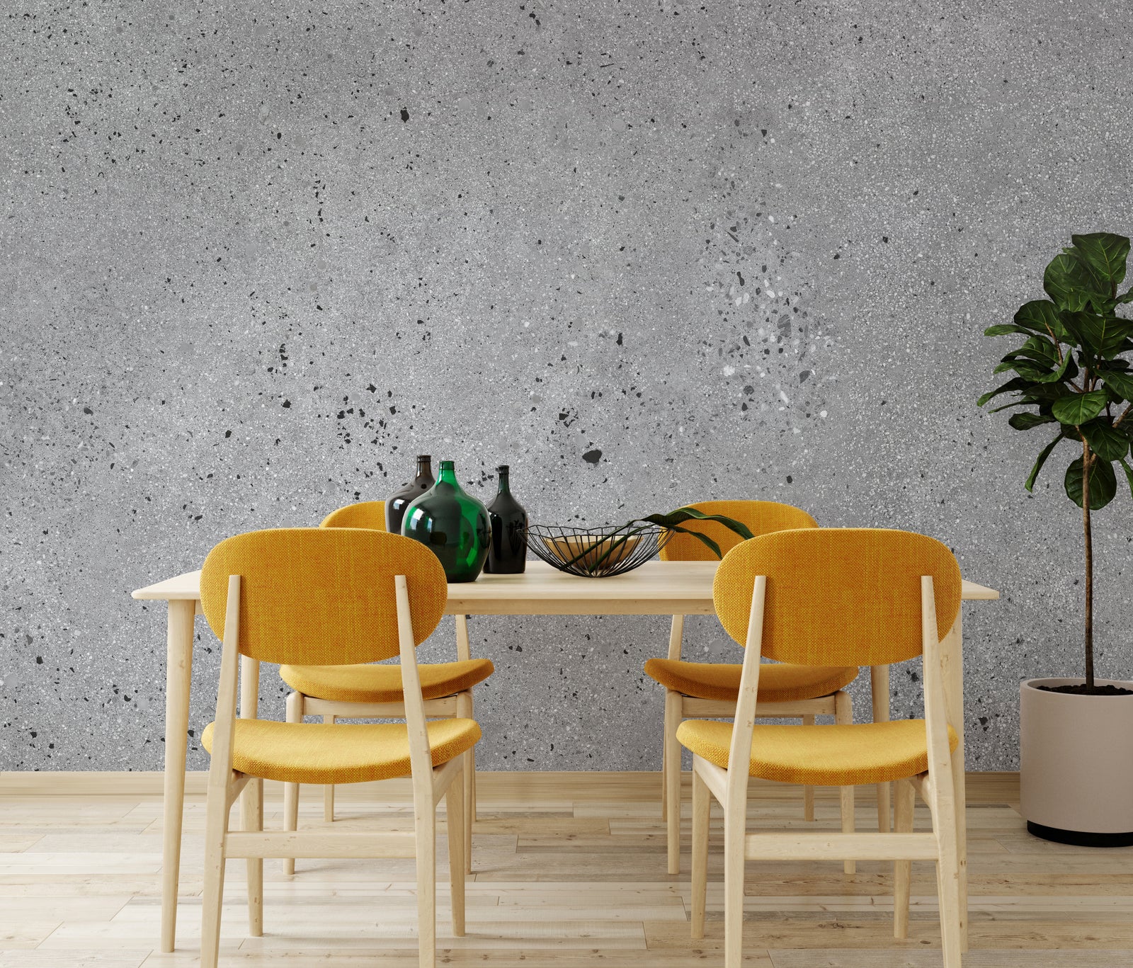 High-end gray concrete effect wallpaper for sophisticated dining room feature wall design