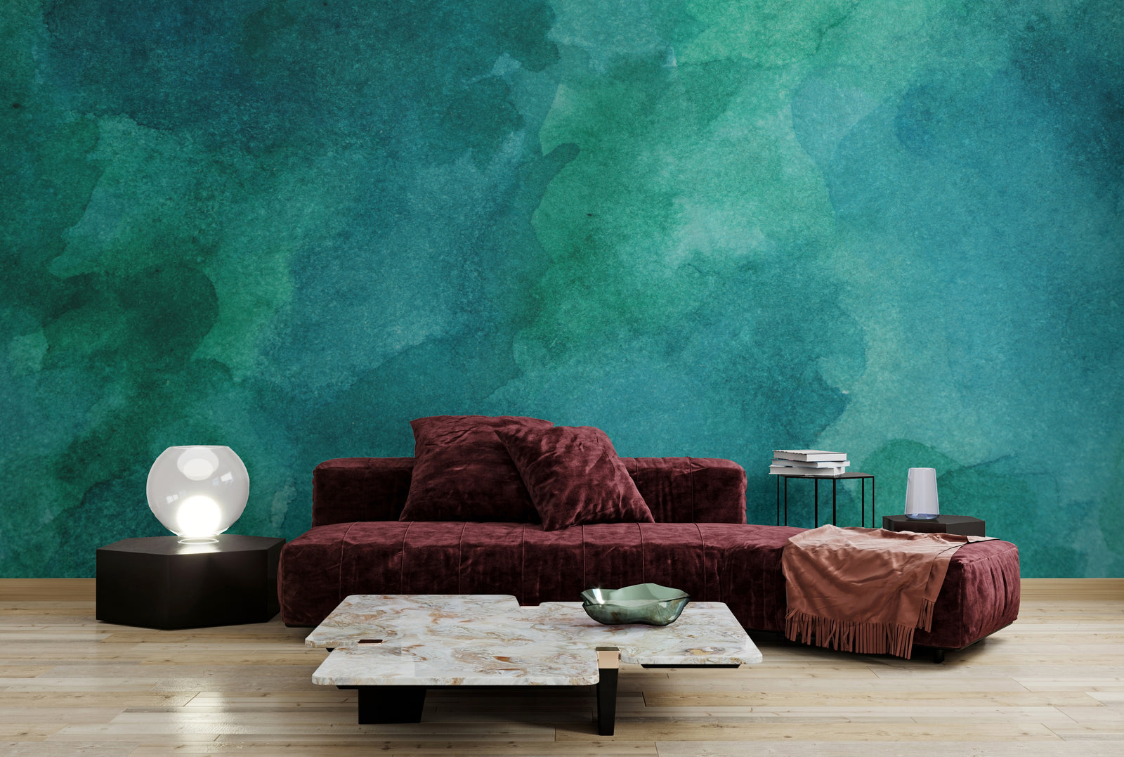 Ocean Teal Watercolor Wallpaper | Ombre Modern Removable Wall Mural