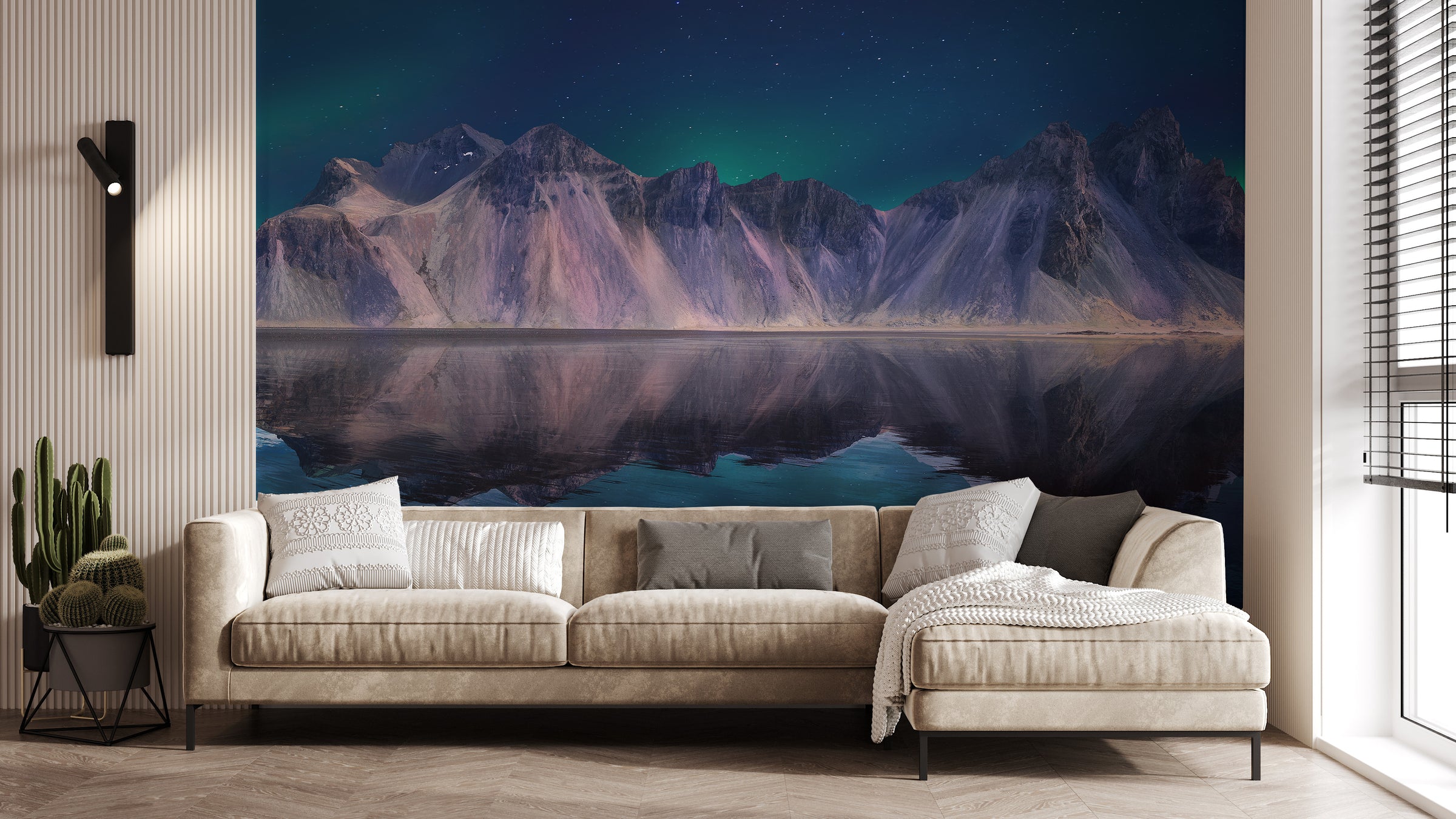Northern lights mountain lake wallpaper with glowing sky reflection for modern living room decor