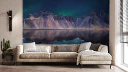 Northern lights mountain lake wallpaper with glowing sky reflection for modern living room decor