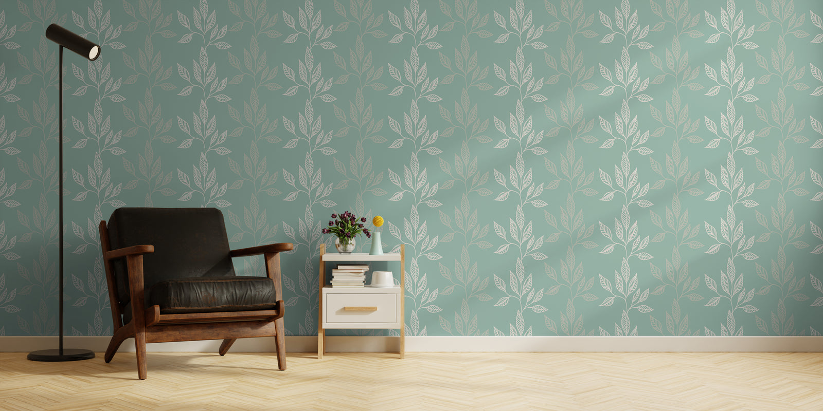 Sage Green Botanical Leaf Wallpaper | Modern Peel and Stick Wall Decor
