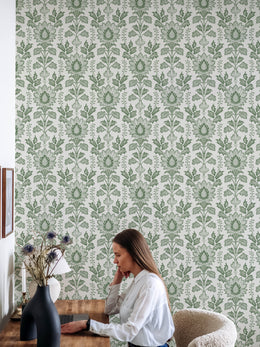 William Morris Style Floral Peel and Stick Wallpaper | Sage Green Bellflowers Wallpaper
