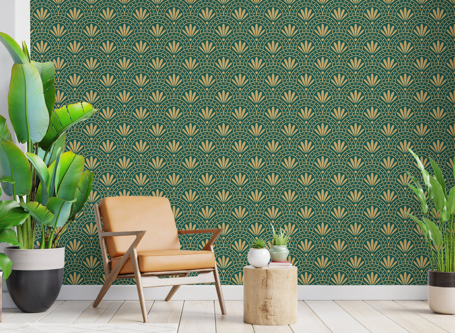 Art Deco Fan Wallpaper | Green Gold Peel And Stick Wall Decor