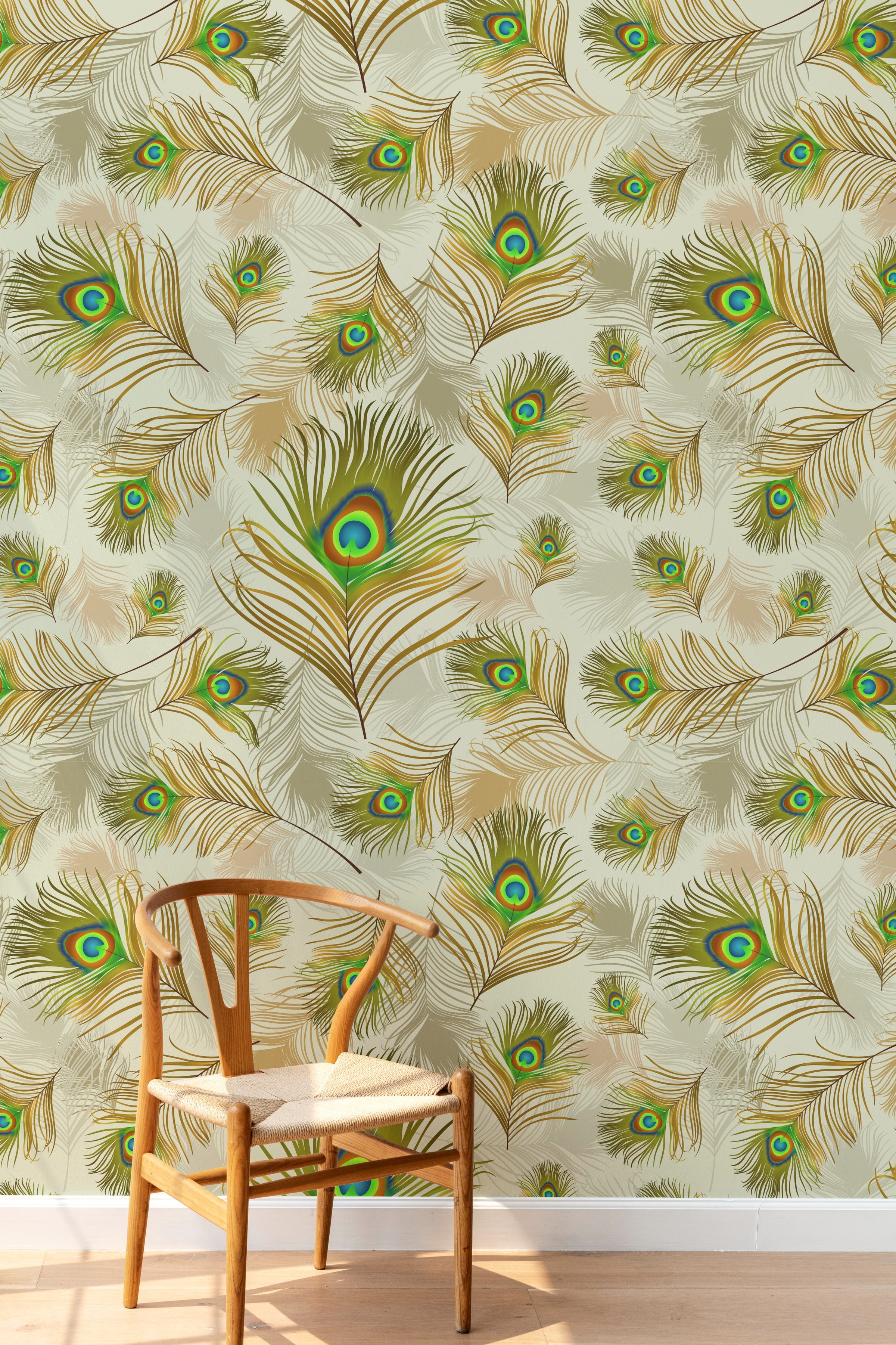 Luxury peacock feather pattern creates bold statement wall for modern lounge decor setup
