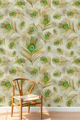 Luxury peacock feather pattern creates bold statement wall for modern lounge decor setup