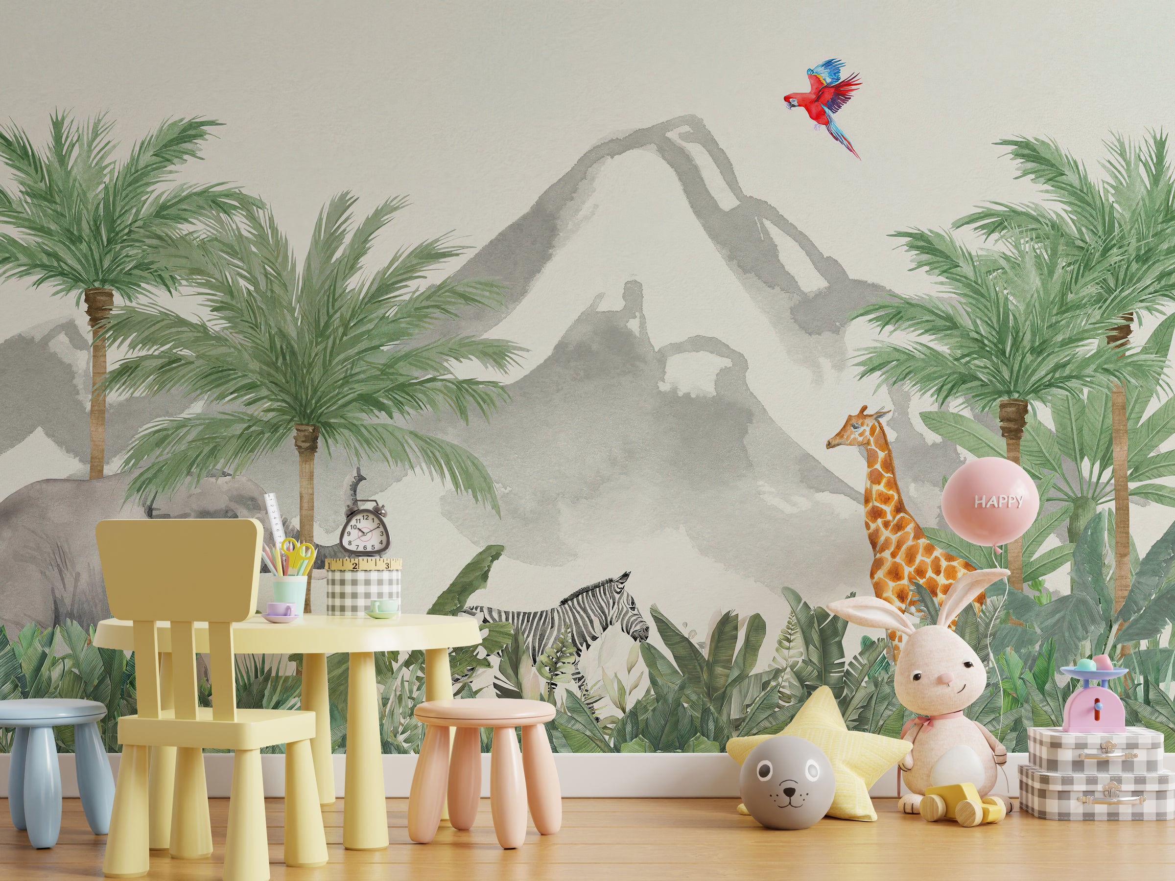 Tropical jungle wall design featuring colorful bird, safari animals, and rolling mountain scenery for toddler room