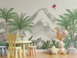 Tropical jungle wall design featuring colorful bird, safari animals, and rolling mountain scenery for toddler room