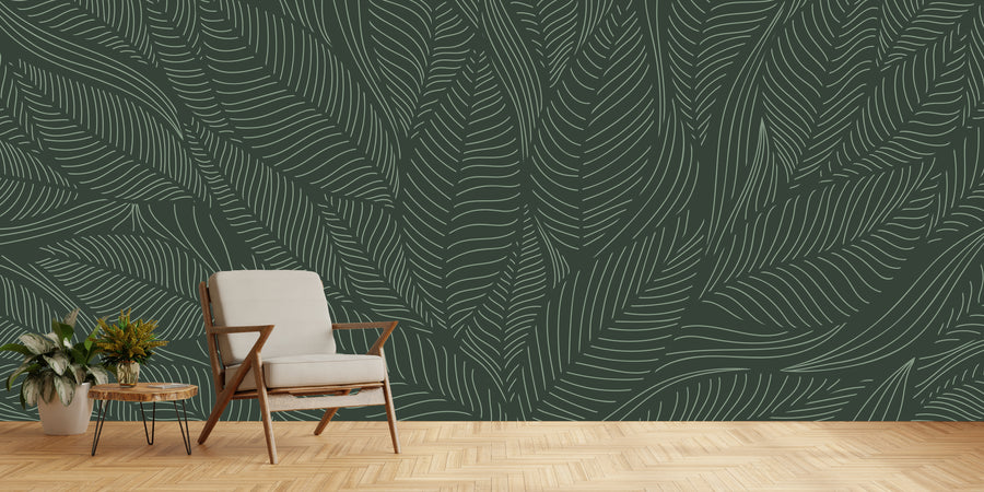 Botanical Leaf Wallpaper | Dark Green Line Art Wall Mural | Interior Decor