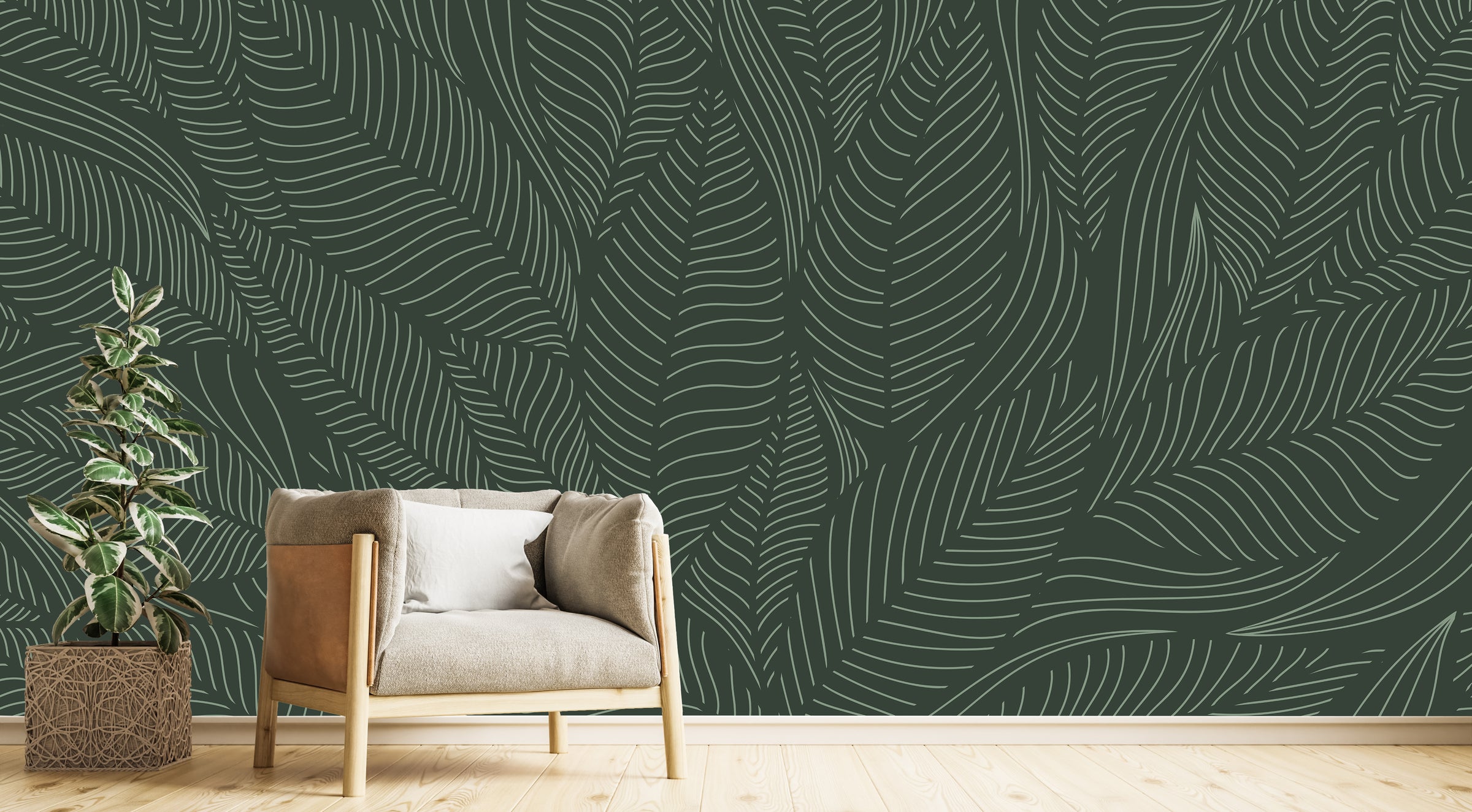 Dark green tropical pattern mural for minimalist living space styling
