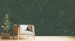 Dark green tropical pattern mural for minimalist living space styling