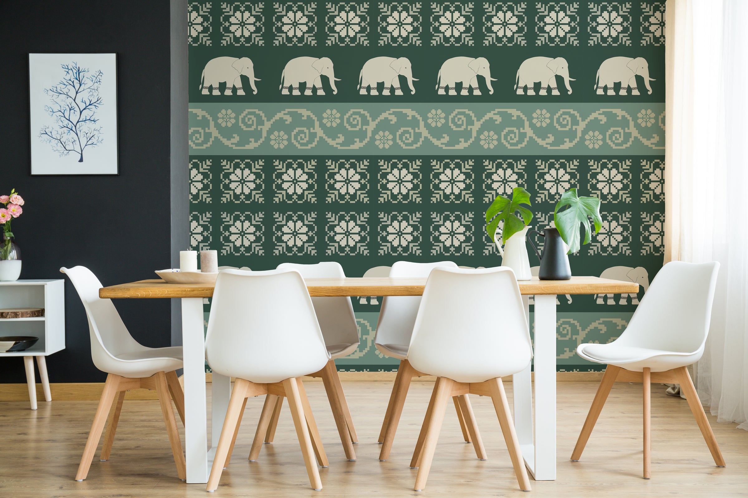 Elephant motif wallpaper dark green traditional style for dining wall decor