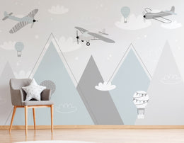 Mountain Adventure Gray Kids Mural | Airplane Air Balloon Removable Wallpaper