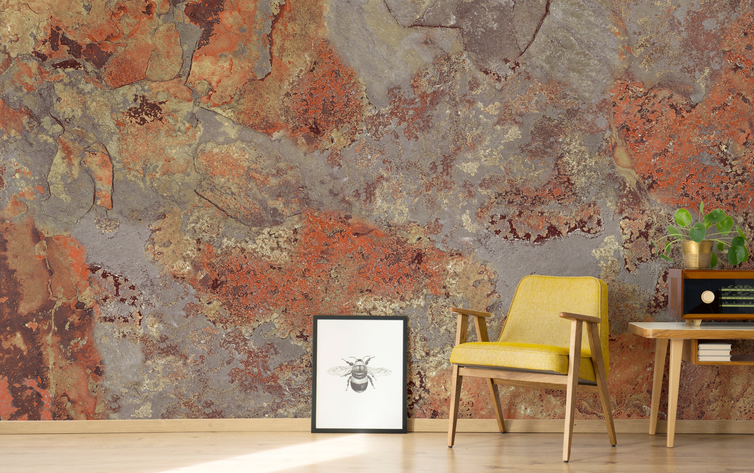 Aged Metallic Stone Wall Mural | Gray Orange Removable Wallpaper