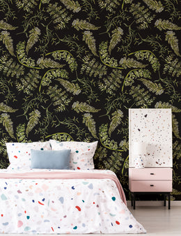 Sophisticated botanical wall mural green leaf pattern for minimalist guest room interiors