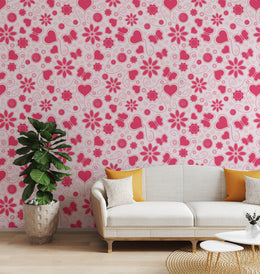 Pink Floral Heart Pattern Wallpaper | Bedroom Removable Home Decor