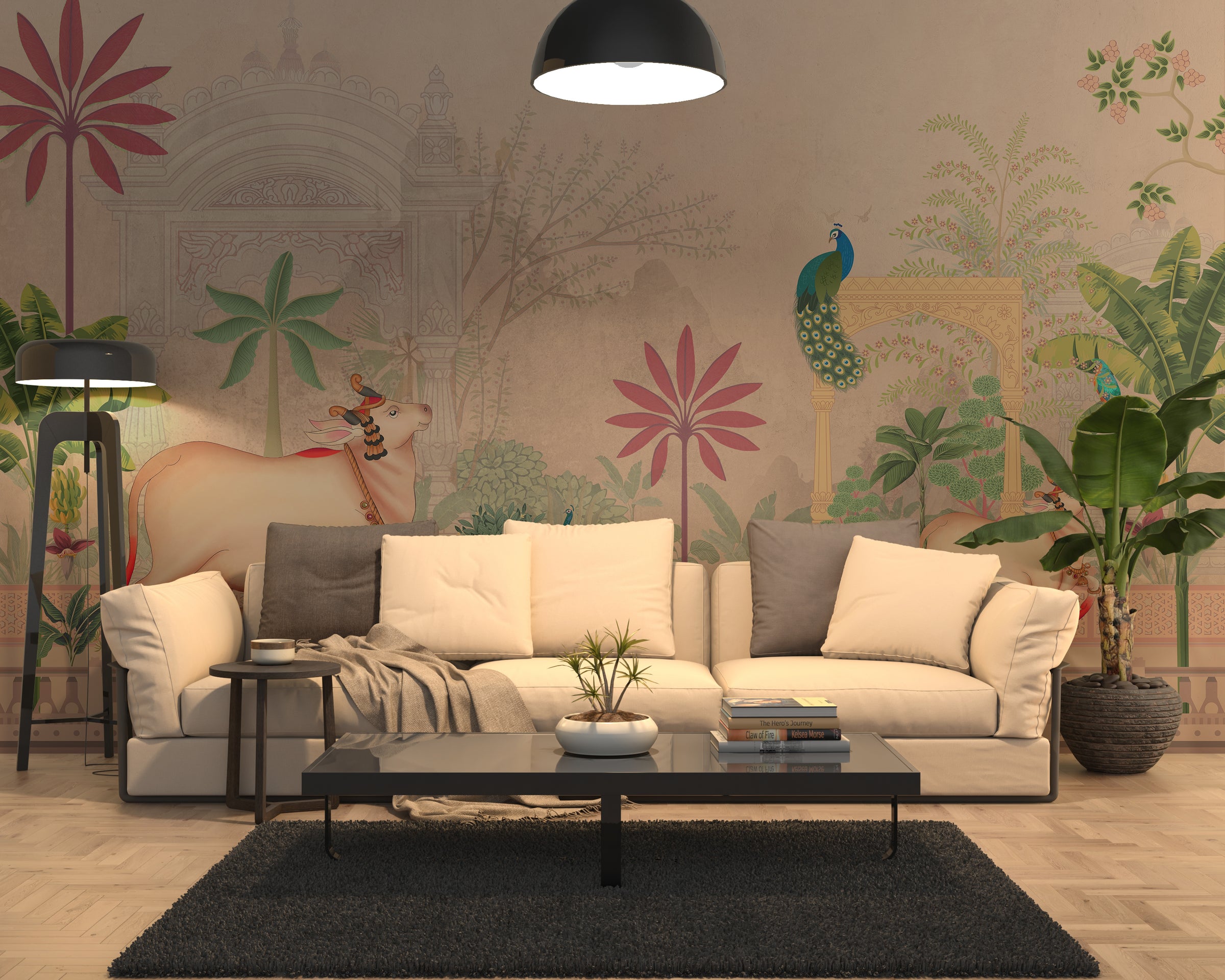 Peacock garden wallpaper featuring cows and arches in soft colors for bedroom walls