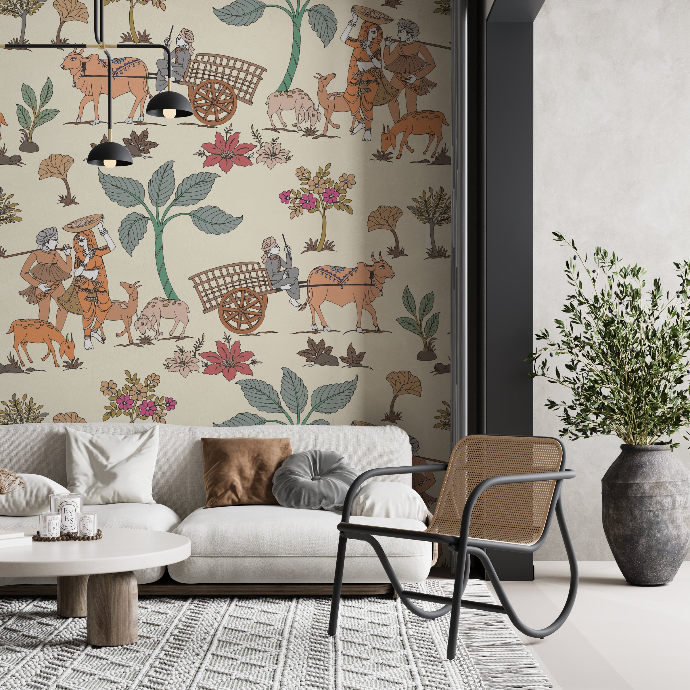 Indian heritage wallpaper with rural illustration, soft neutrals for reading nook wall