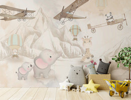 Neutral Safari Animal Nursery Wallpaper | Airplane and Balloon Peel and Stick Vinyl