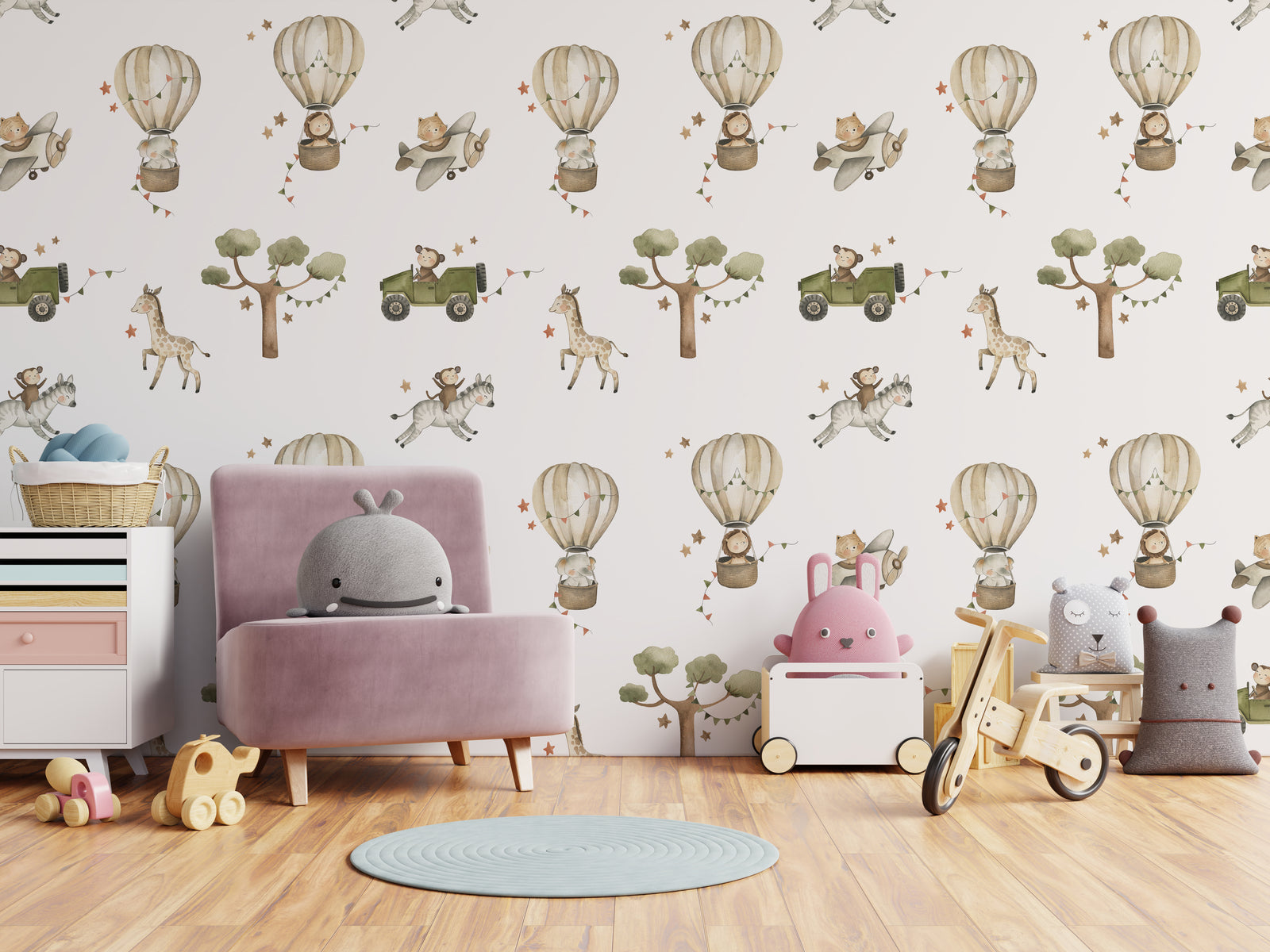 Cute kids room accent wall wallpaper featuring giraffe, monkey, balloons in soft hues