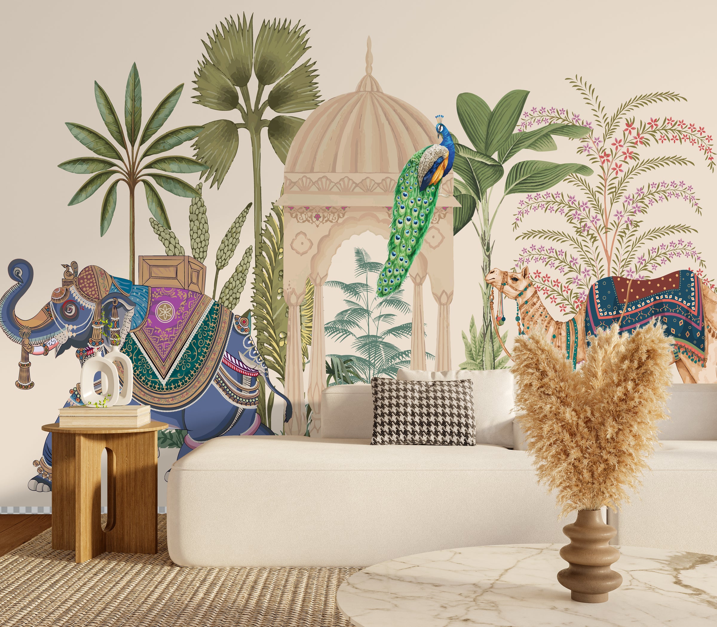 Royal Mughal wall mural featuring palace dome elephant and greenery for bedroom interior